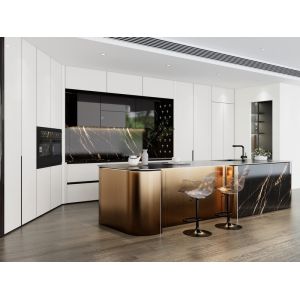 Luxury SS Modern Kitchen Cabinet With Multifunctional Curved Metallic Gold