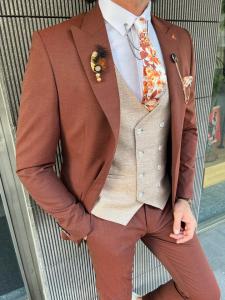 China Brown Groom 3pc Tuxedo Suit Mono Collar Slim Cut For New Season on sale