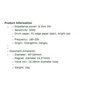 LS40N-16 40mm 8 Ohm 3W PU edge paper . speaker; loudspeaker; reproducer; horn