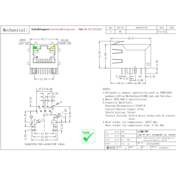 J1B321ZDD MagJack RJ45 LPJ15125AENL 10 / 100base-T Tab-up Shielded With LEDs