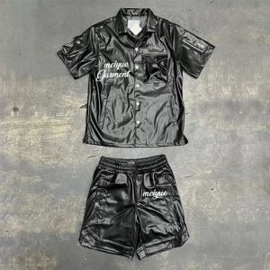 China Custom Leather Polo Shirts Shorts 2 Piece Set Sweatsuits Button up Polo T Shirt Drawstring Cargo Shorts Pants Tracksuits for Men on sale