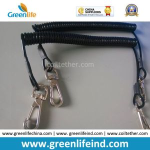 Smooth Black Strong Heavy Duty Coiled Tether Lanyard W/Hooks