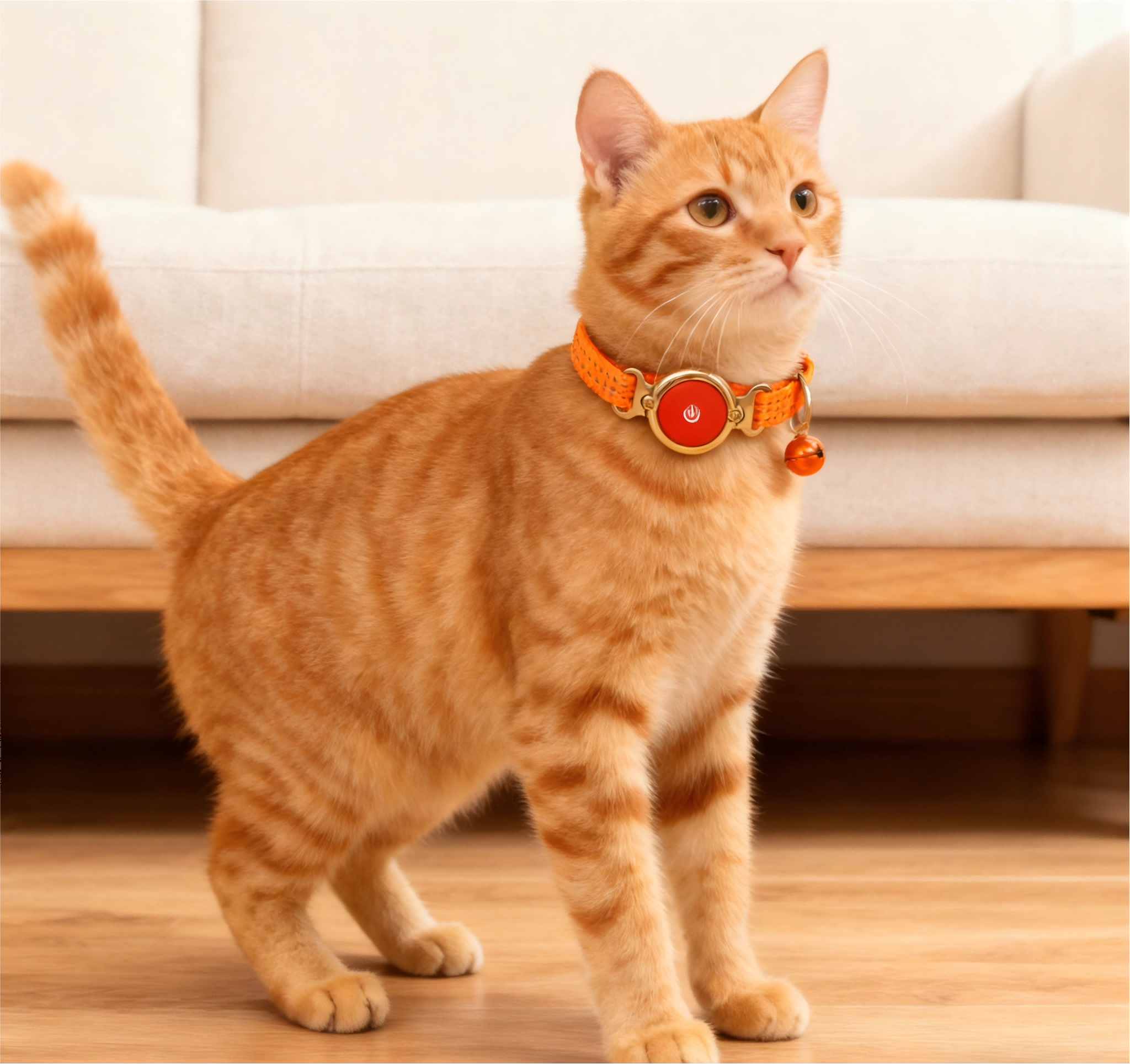 Smart Pet Collar for Cats Orange Webbing Round Power Button Bell Adjustable Metal Buckle