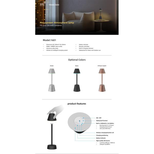 Wifi Rechargeable Table Lamp Dimmable RGBW Night Light, Waterproof for Living Rooms, Bedrooms and Outdoor