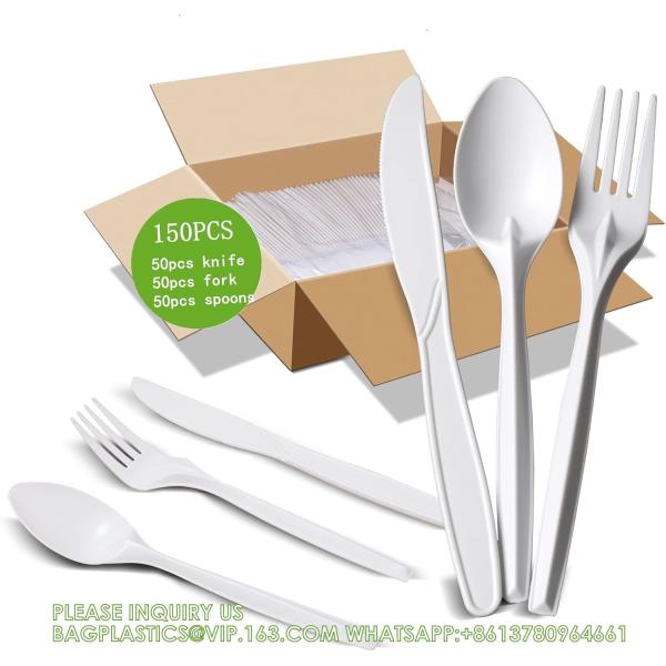Compostable Cutlery Set Eco-Friendly Heavy Duty Utensils (50 Forks, 50 Spoons,