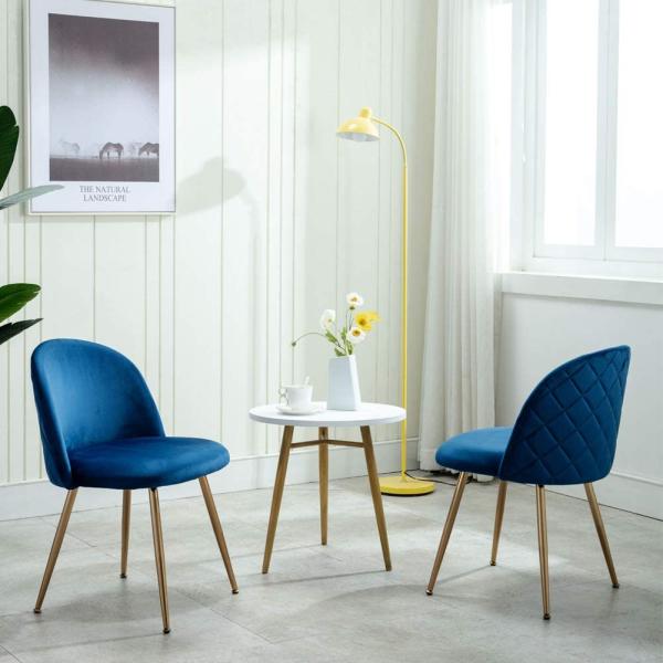 Tufted Accent Chairs , Velvet Modern Upholstered Dining Chairs With Gold Plating Metal Legs Blue