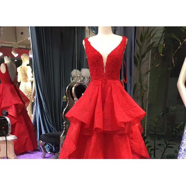 Red A Line Ball Gown Puffy Purffles V Neck Backless Lace Beaded Cotton Linen