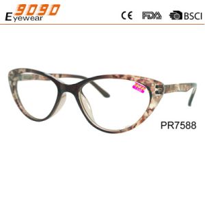 Cat eye reading glasses with plastic hinge ,pattern in the frame and temple