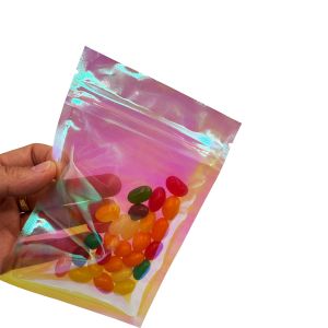 Wholesale Custom Pink Rainbow Color Holographic Flat Zipper Pouch 3 Sides Sealed Bags for Packing Food, Accessories, Cosmetics from china suppliers