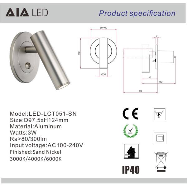 Surface mounted interior bedside reading light & led headboard wall light bed wall light for hotel project