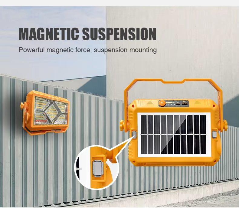Magnetic solar work light , large capacity USB output, portable outdoor emergency lighting