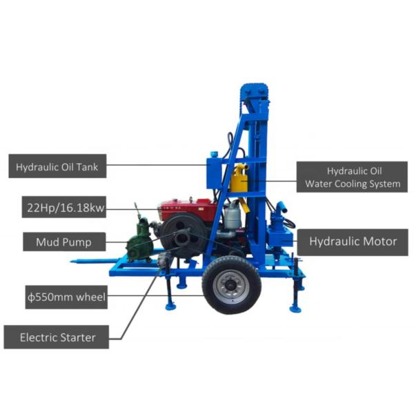 Water Well Drilling Rig Trailer Mounted 100mm Hole Diameter Blue Diesel Engine