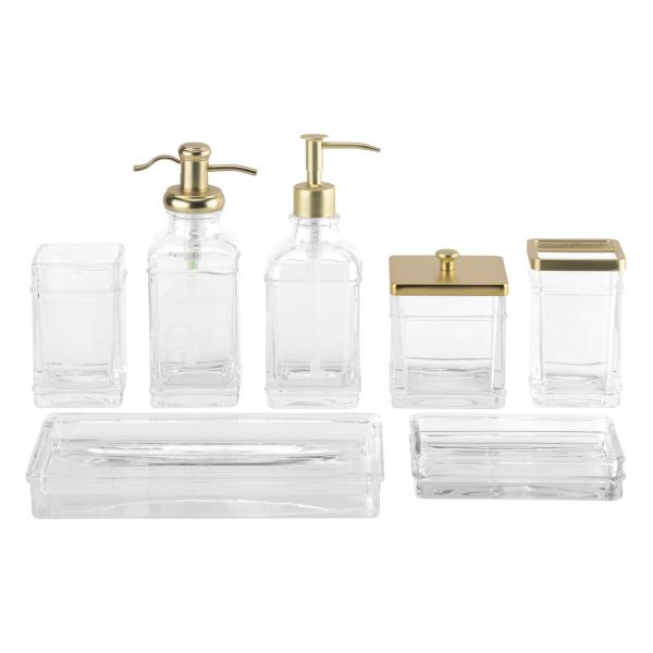 Clear Glass Bath Accessories Set Square Shape With Gold Apothecary Head Glass Soap Dispenser Soap Dish For Bathroom
