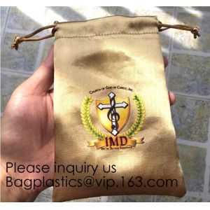 Full Color Printing Gold and Black Satin Drawstring Bag, Silver Satin Drawstring