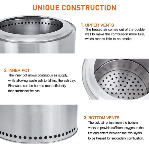 COOZOOM 15'' Portable Smokeless Fire Pit With Stand Stainless Steel Bonfire Stove