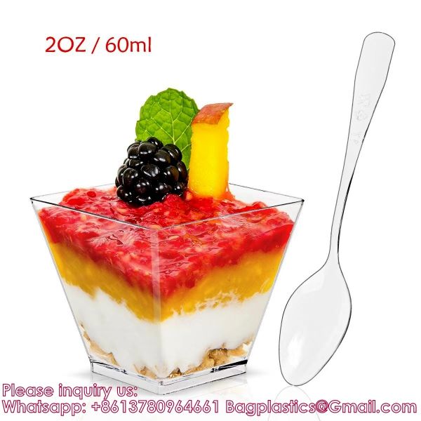 Plastic Dessert Cups Small Clear Square Parfait Cups with Spoons, Mini Plastic Tumbler Serving Cups for Tasting Party Appetizers Mousse Yogurt