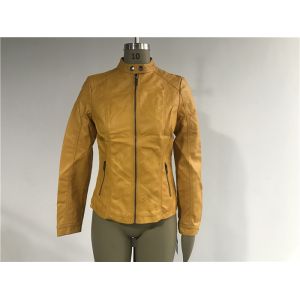 China Mandarin Collar  Pu Leather Coat , Mustard Upstyled Pleather Biker Jacket Tw74180 on sale