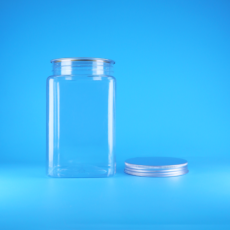 Transparent Cheap Empty Square PET Plastic Candy Tall Jars Bulk Flat Aluminum