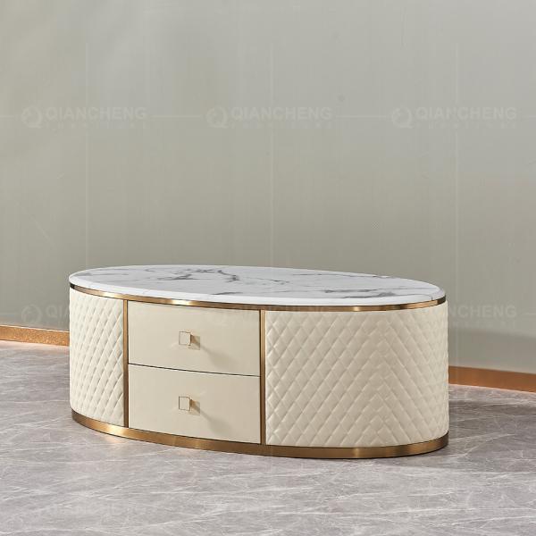 Beige Coffee Dining Table With 2 Drawers 20mm Faux Marble On Top Golden Stainless Steel Legs