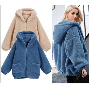 Womens Autumn Winter DTM Hooded Open Front Lamb Wool Coat