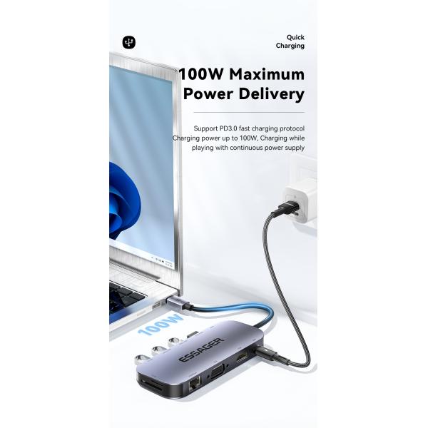 11 In 1 Usb C Hub PD 100W Fast Charging 5Gbps 32GB SD Card 10 Ports