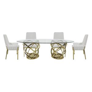 Oval Shape Tempered Glass Dining Table 240x120x75cm White Reeded Pillar