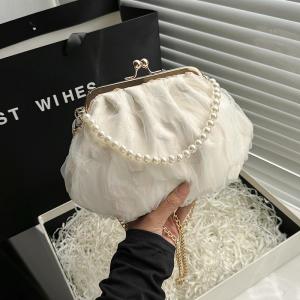 China 2024 NEW RETRO FAIRY SOLID COLOR SMALL BAG WHITE HAND PEARL BAG WOMEN'S NET YARN INS SIMPLE CROSSBODY BAG on sale