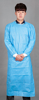 Quality Surgical gown with knitted cuff,velcro on the back neck,four waist belts,with card,book folding,SMS blue material. for sale