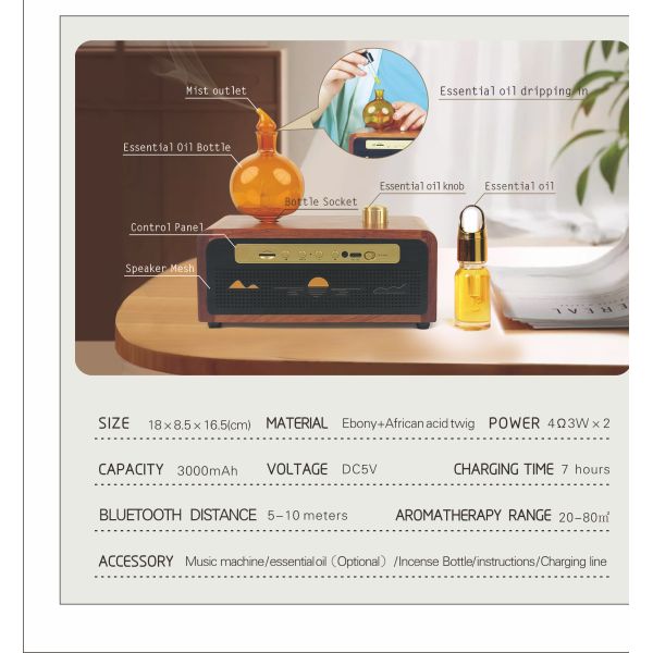 Close-up view of the artistic orange glass incense bottle and control panel