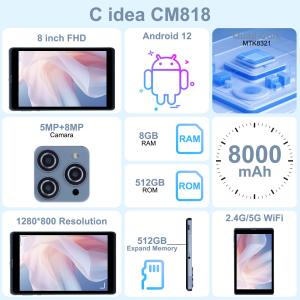 C idea Android Tablet PC Dual Camera 8 Inch 1280x800 IPS HD Display Android 12