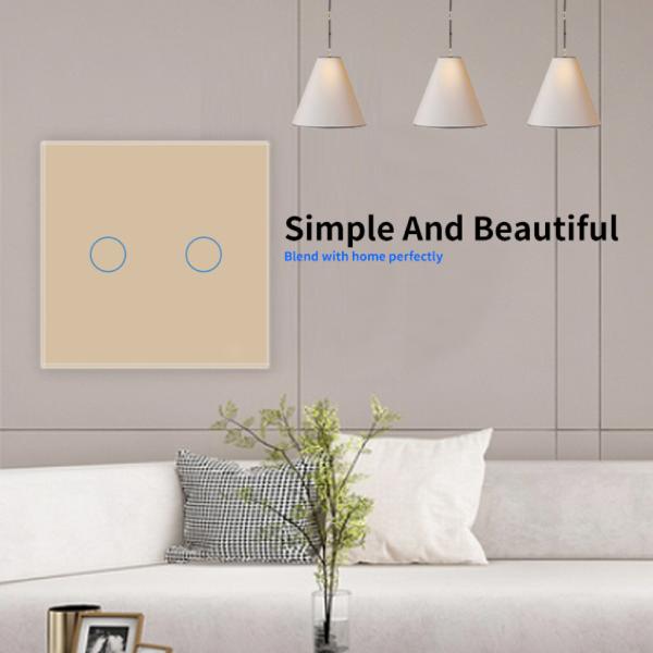 Single Live Wire Touch Light Switch Gold Tempered Glass Panel Smart Light Switch