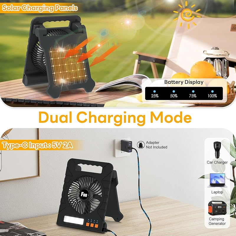 Outdoor All-Rounder,Solar/USB-C Dual Charging ,Four-Speed Camping Fan Light
