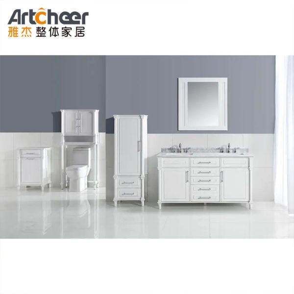 Solid Wood Frame Double Basin Floor Mounted Bathroom Vanity Combo with Drawers