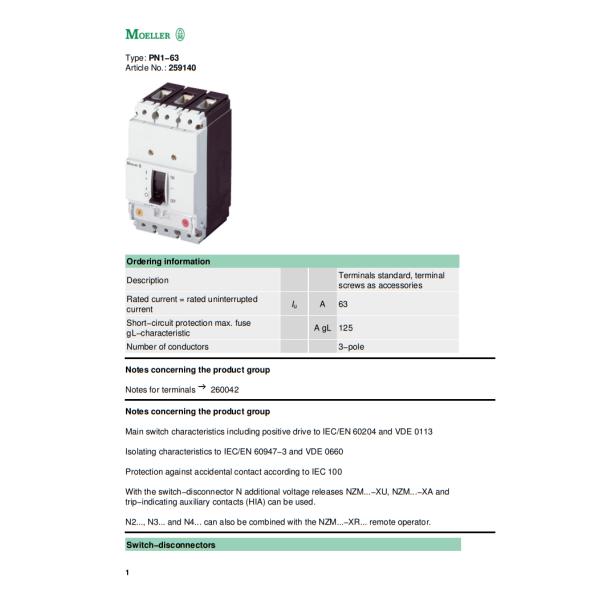 Eaton PN1-63 Molded Case Circuit Breaker Stable Performance at 690V Rated AC Voltage