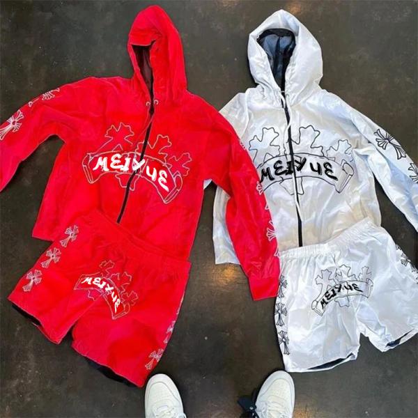 Quality Custom Double Layer Nylon Hoodies Oversized Jacket Cropped Shorts Jogging Suit Unisex Wiindbreaker Zip up Hoodie and Short Set for sale