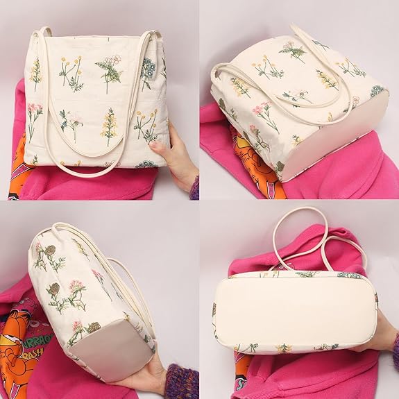 Floral Canvas Purse for Women, Embroidered Handbag, Small Daily Work Bag with Pu Handle, Fall Tote Bag, Chtistmas Gifts