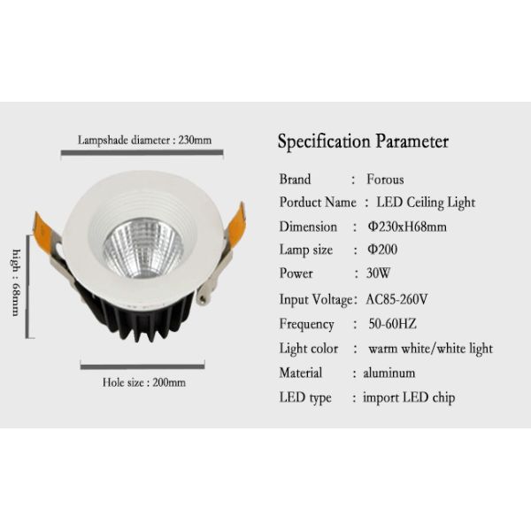LED Ceiling Light 30W 230*68