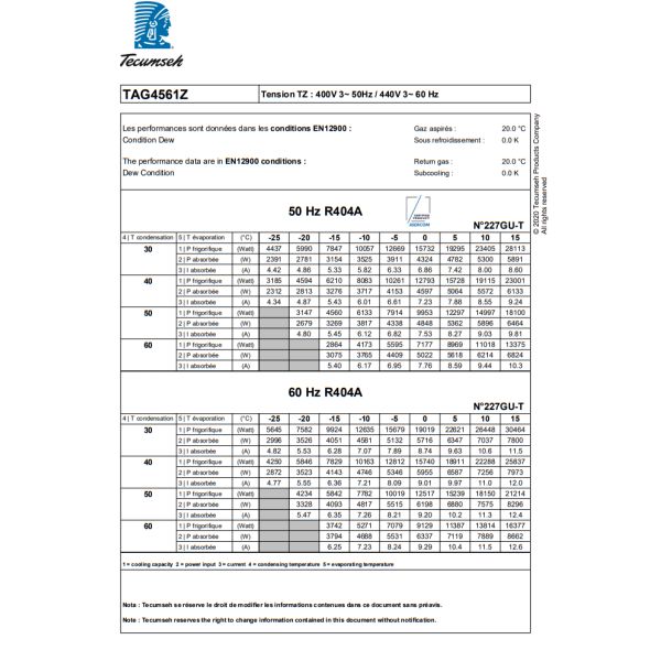 R404A TAG4561Z Hermetic Piston Refrigeration Compressor 400V 3PH 50Hz 440V 3PH 60Hz