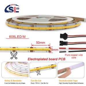 12V24V CCT Flexible Dual Color COB SMD2835 LED Strip Light 608leds 8mm 10mm