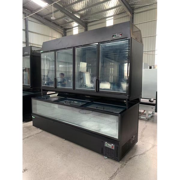 Island Display Cabinet For Supermarkets With Refrigeration On The Top And Freezing At The Bottom