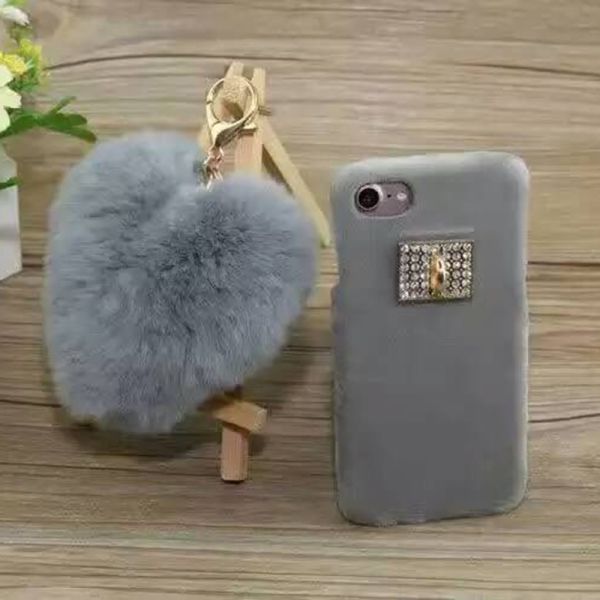 Plush&Plastic Heart-shaped Hairball Chain Cell Phone Case Back Cover for iphone 7 6s Plus