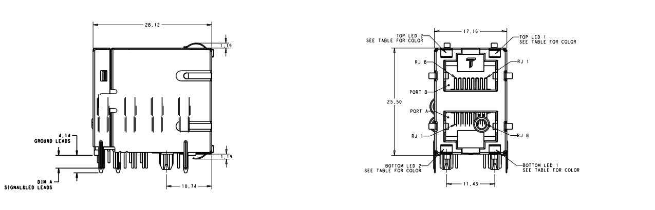1-1840052-1 Stacked Magjacks 2X1 Port Gigabit Shield With LED