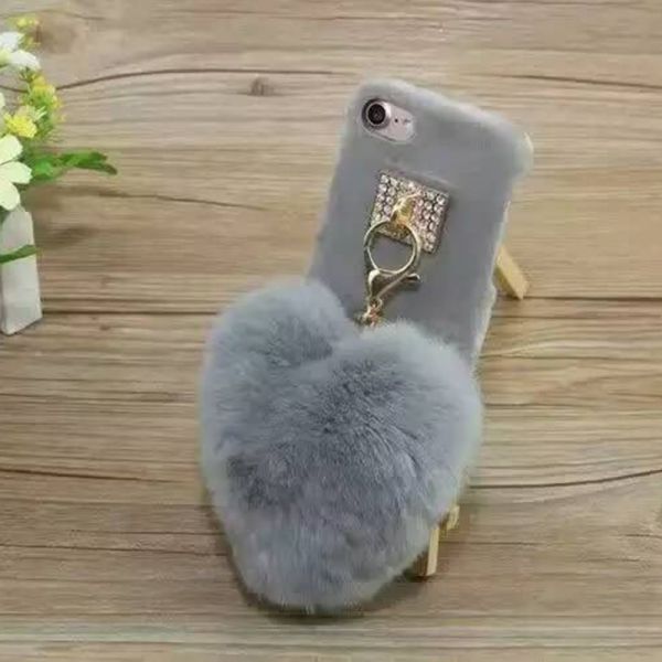 Plush&Plastic Heart-shaped Hairball Chain Cell Phone Case Back Cover for iphone 7 6s Plus