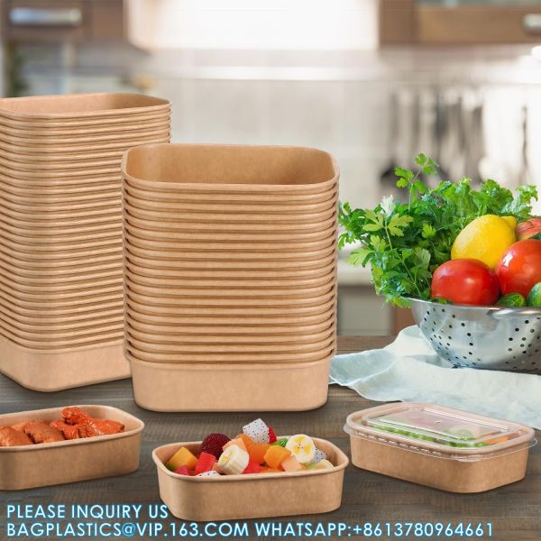 Biodegradable Rectangle Kraft Paper Bowl Recyclable Square Kraft Paper Disposable Salad Bowl