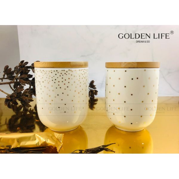 Quality Fine Bone China 350cc Mug without Hand With Spot Real Gold Design Canister With Bamboo Lids for sale