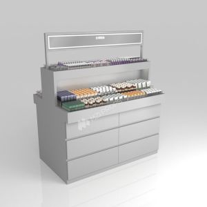 Retail Store Display Grey Wooden Sample Island For Space-Saving Store Rack And