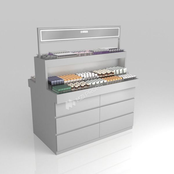 Retail Store Display Grey Wooden Sample Island For Space-Saving Store Rack And