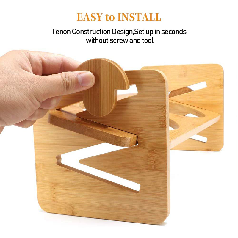 Pet Feeding Food Made Stylish Solid Bamboo Elevated Feeder Stand with Ceramic Bowl