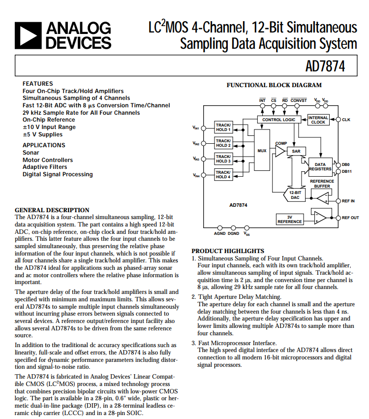 AD7874SQ Electronic IC Chips Data Acquisition System DAS 12 B 116k Parallel 28-CDIP