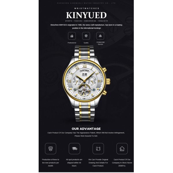 KINYUED Brand Two-Tone Gold Silver Case Automatic Movement Solid Stainless Steel Strap Waterproof Mechanical relojes